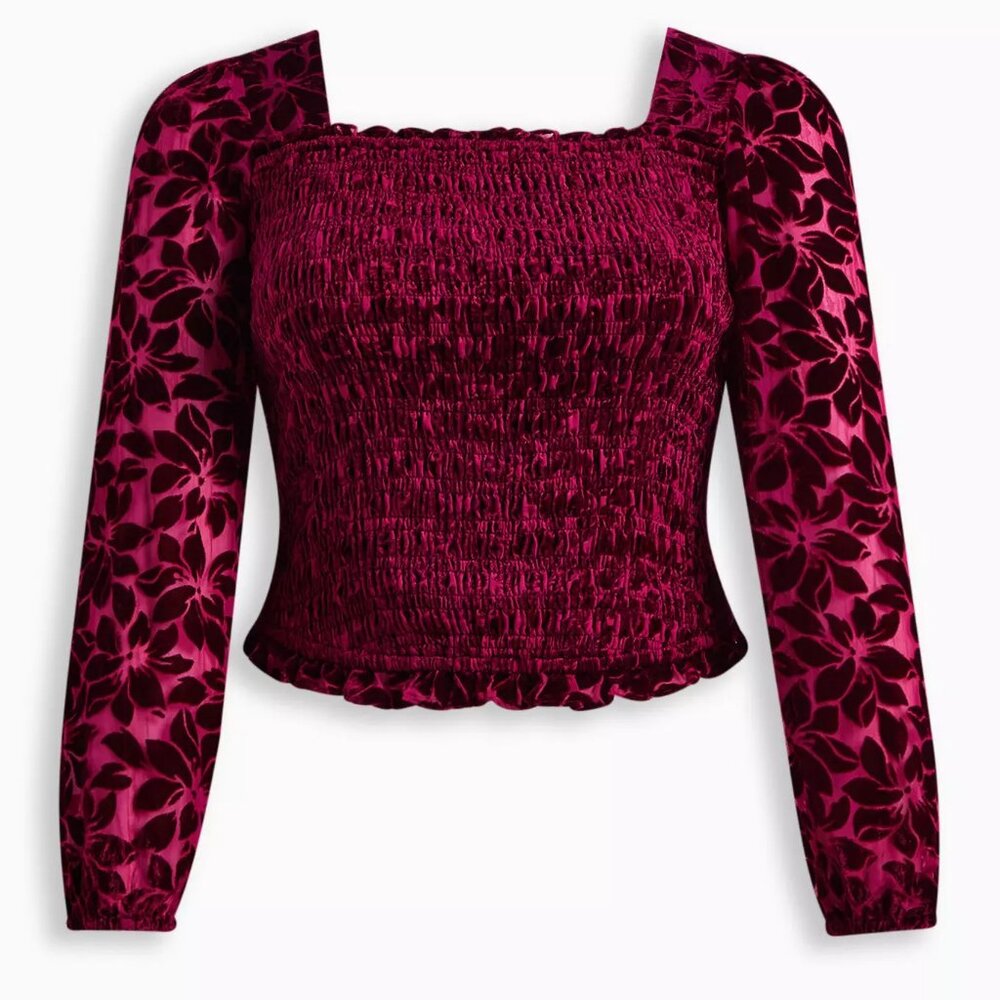 Torrid Blouse 5X Burgundy Crop Smocked Victorian Velvet Steampunk Top NWT